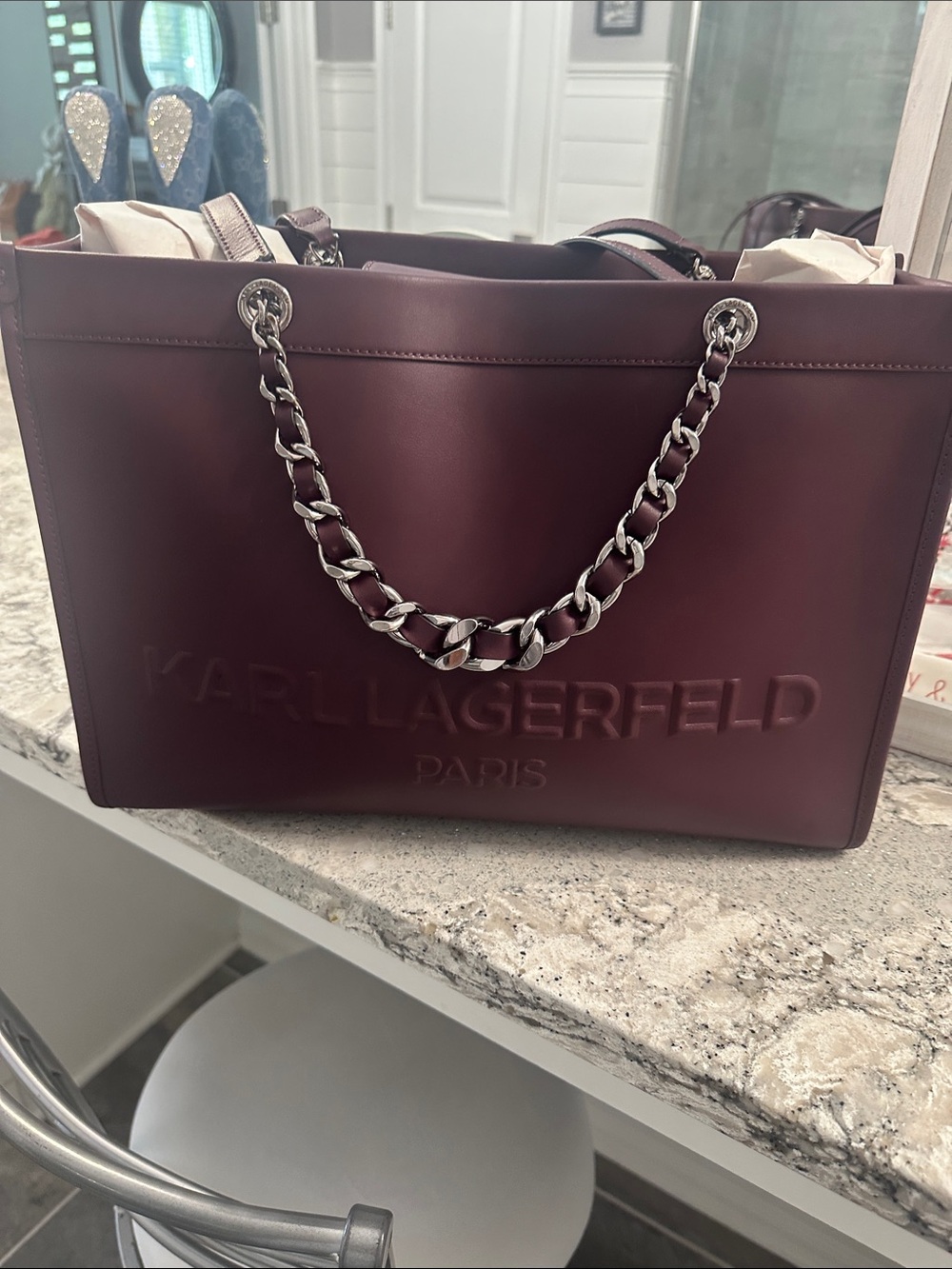 Karl Lagerfeld Authentic Burgundy Leather Tote with Silver Chain Handles